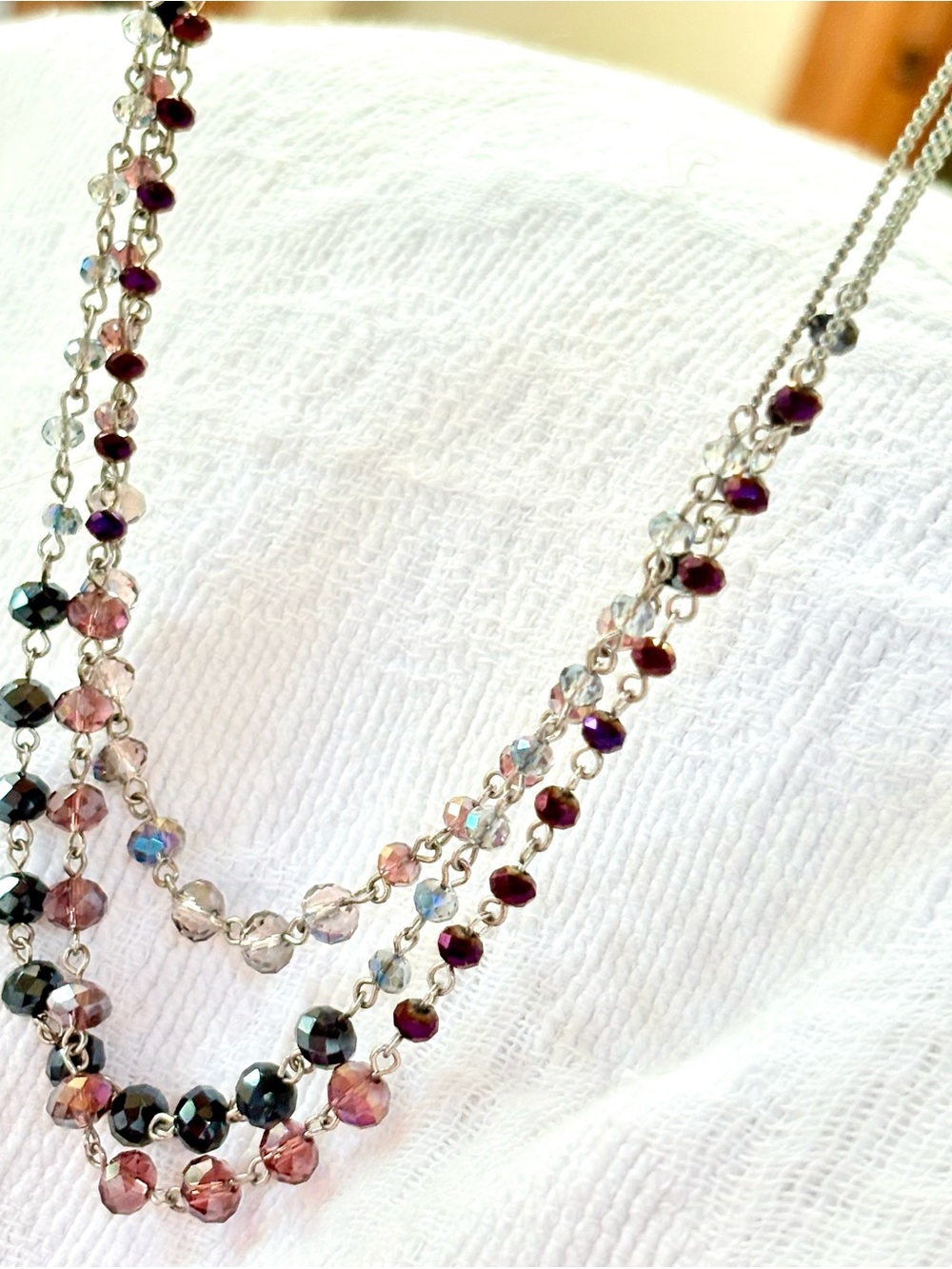 Ali Khan Triple Strand NY Tri-Color Purple Crystal Necklace Dainty Glass Crystal